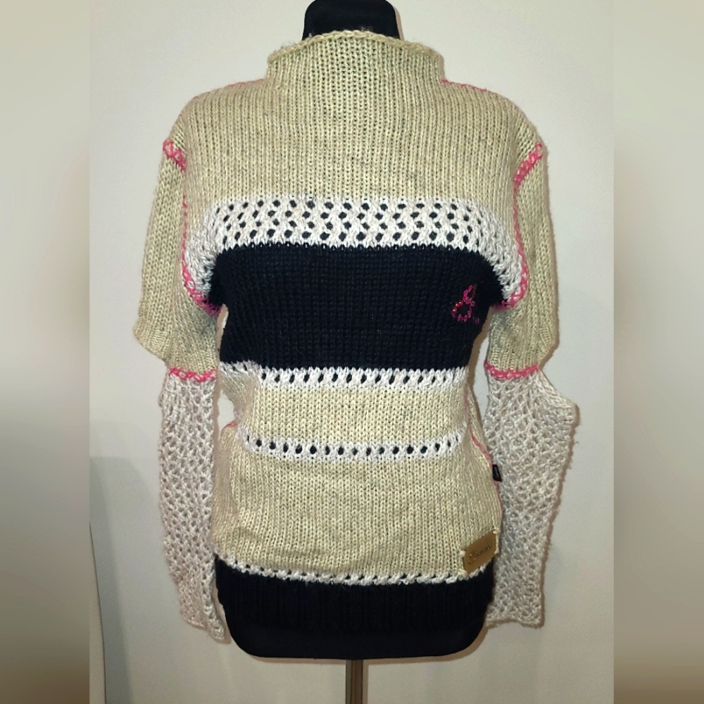 Sarah Cholé alpaca blend colorblock sweater with cut-out fishnet sleeves, S